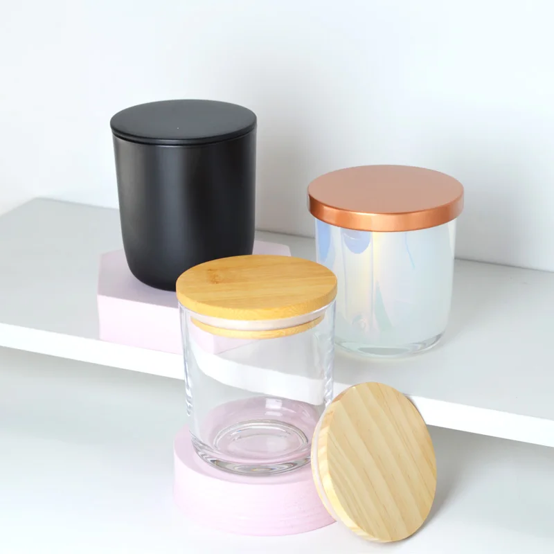 Luxury Customize Red Color  Round Bottom Glass Candle Jar With Wood Lid For Candles