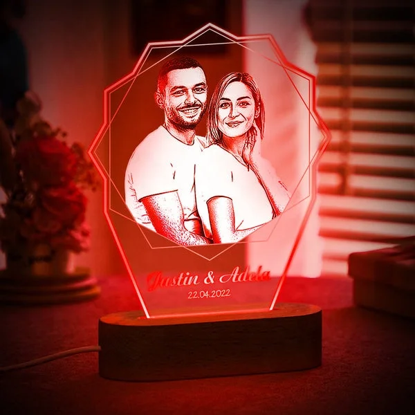Custom Photo Double Hexagon Change 7 Color Lamp Personalized Acrylic Carving Plaque Coloured Led Acrylic Night Light Wooden Base