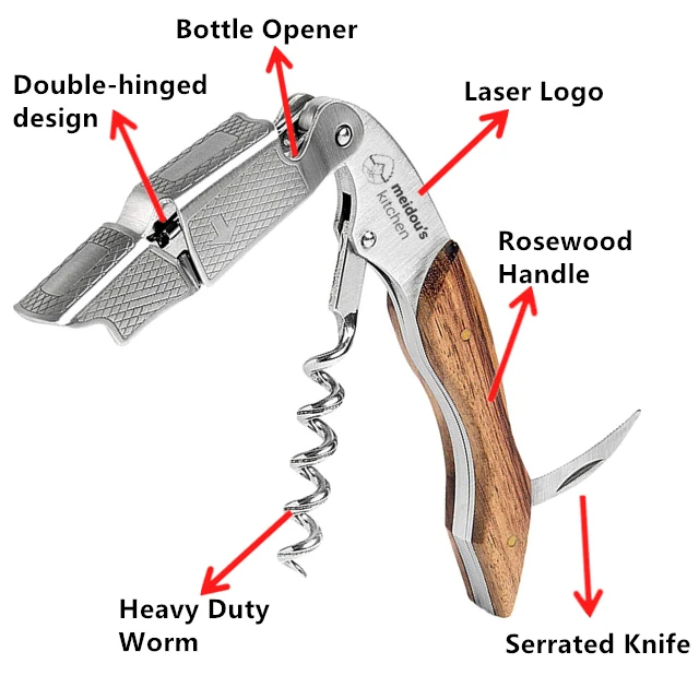 WA-2731 Premium 3 in 1 Stainless Steel Double Hinged RoseWood Handle Wine Waiters Corkscrew