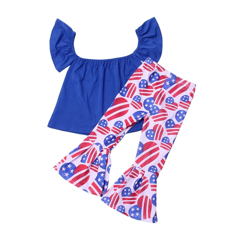 2020 fashionable korean toddler clothes 4th of July smocked kids girl sets top shirts and bell bottom pants outfits new pattern