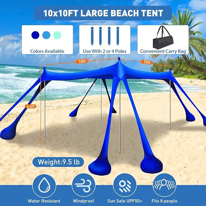 Beach Sun Shelter  tent UPF50+ with 8 Sandbags, Sand Shovels, Ground Pegs & Stability Poles