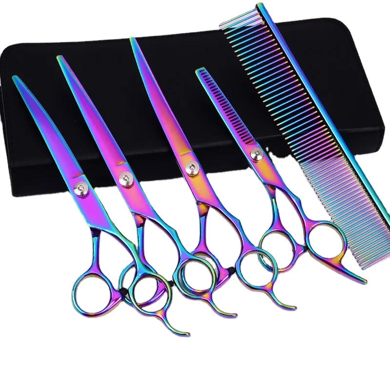 customize left hand stainless steel professional dog grooming scissors pet kit super curved set rainbow colour 8 inch