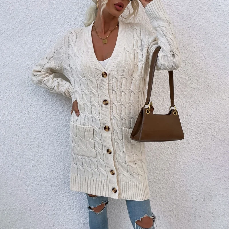 Однотонный длинный однобортный Кардиган с карманами, свитер для женщин, новый дизайн 2021