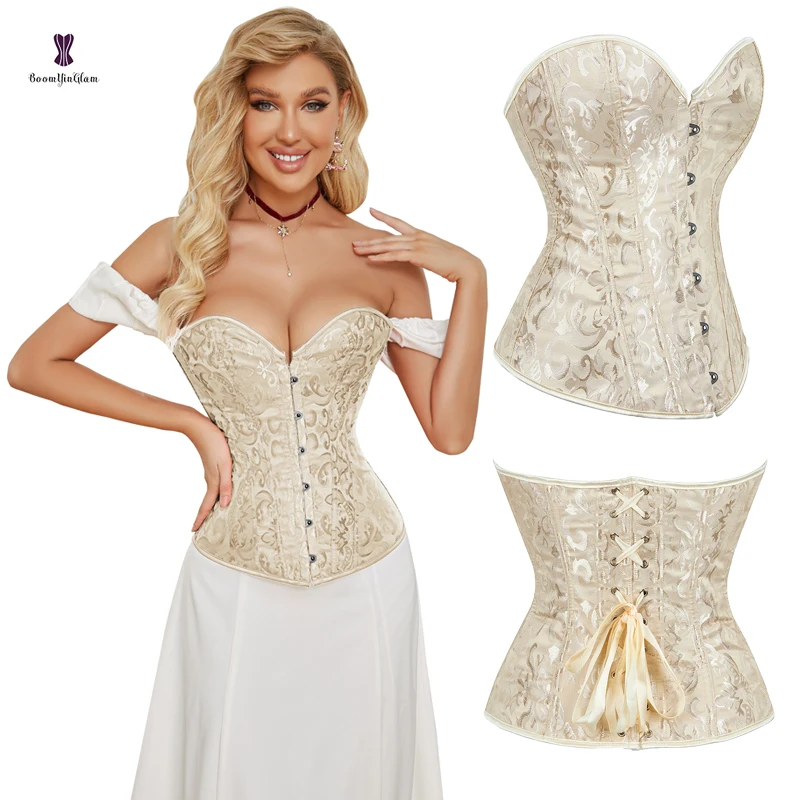 Women Boned Lingerie Waist shaper dark Red Jacquard Overbust Body Shaper Corset Slim Body Underwear Bustier