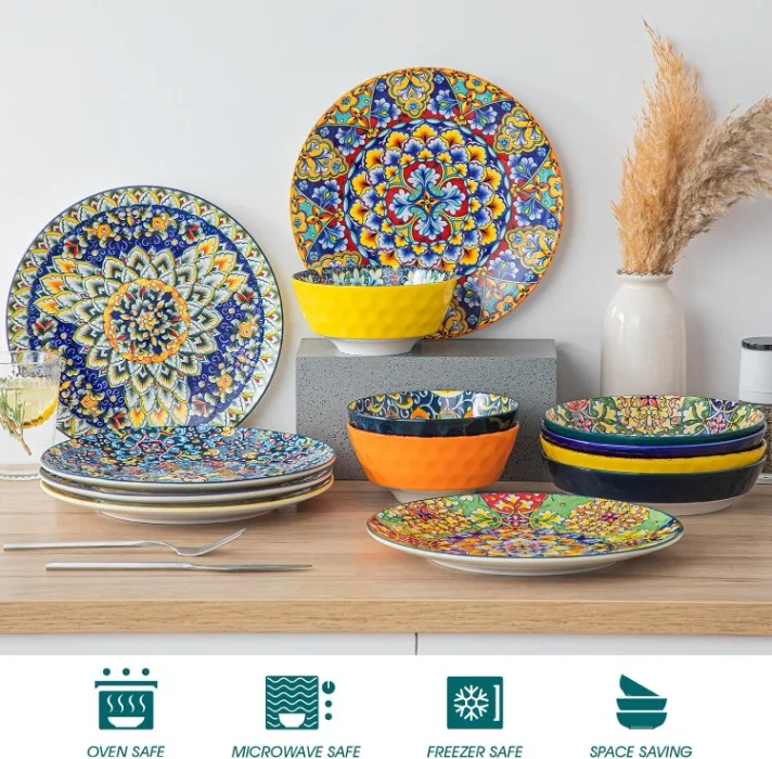 Set of 6 Bohemian Style 10.5-Inch Ceramic Dinner Plates Microwave and Dishwasher Safe Colorful Pottery & Enamel Dishes