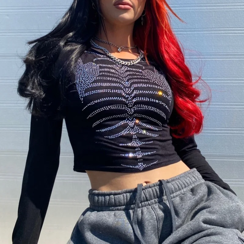 OEM Custom Sparkling Rhinestone Skeleton Graphic T Shirts Gothic Grunge Clothes Sexy Black Long Sleeve Crop Top Women Tshirt