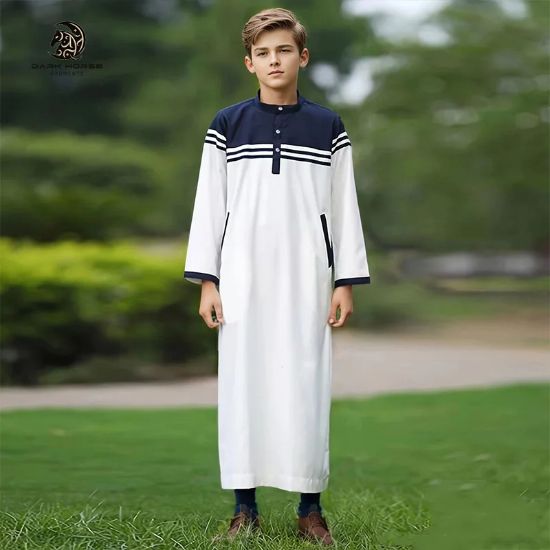 DarkHorse Wholesale thobe children boys solid color contrast button striped robes teen boys shirts Muslim children abaya