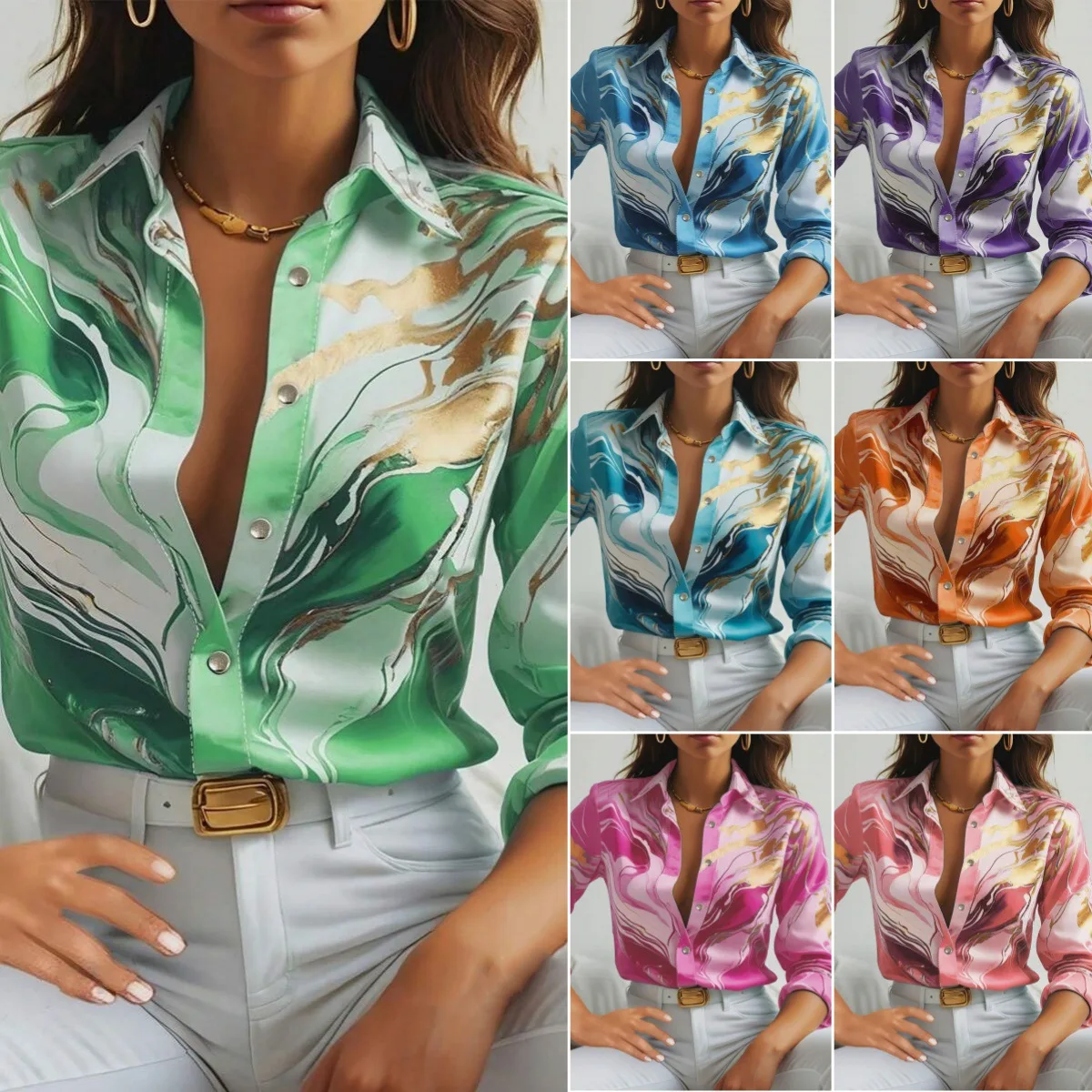King Mcgreen star High Quality women Elegant Blouse Loose Button Shirt 3D Digital Printed long sleeve Tops for lady