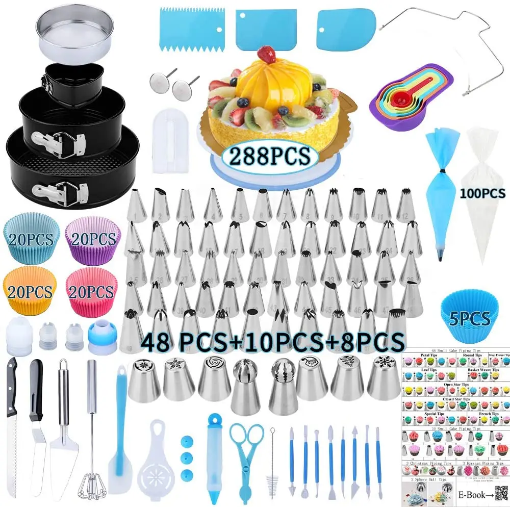 Набор принадлежностей для украшения торта 288-шт/принадлежности для выпечки-с ручкой для торта, поворотным столиком для торта, чашкой, формочкой для торта и наконечником для украшения торта