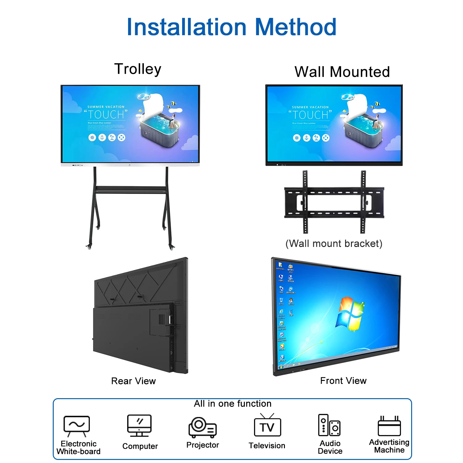 HUAYU 85 Inch Flat Panel Interactive Smart White Board 4K Hd Lcd Display Digital Infrared Touch Screen Wall Mounted Monitor