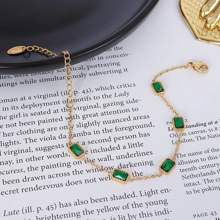 Japan and Korea bracelet square inlaid emerald green zircon stainless steel plated 18K gold bracelet