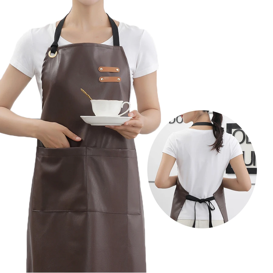 Custom Restaurant Cafe Milk Tea Shop Barbecue pu leather Adjustable Neck Cooking Waist Apron Grill Work Shop Aprons