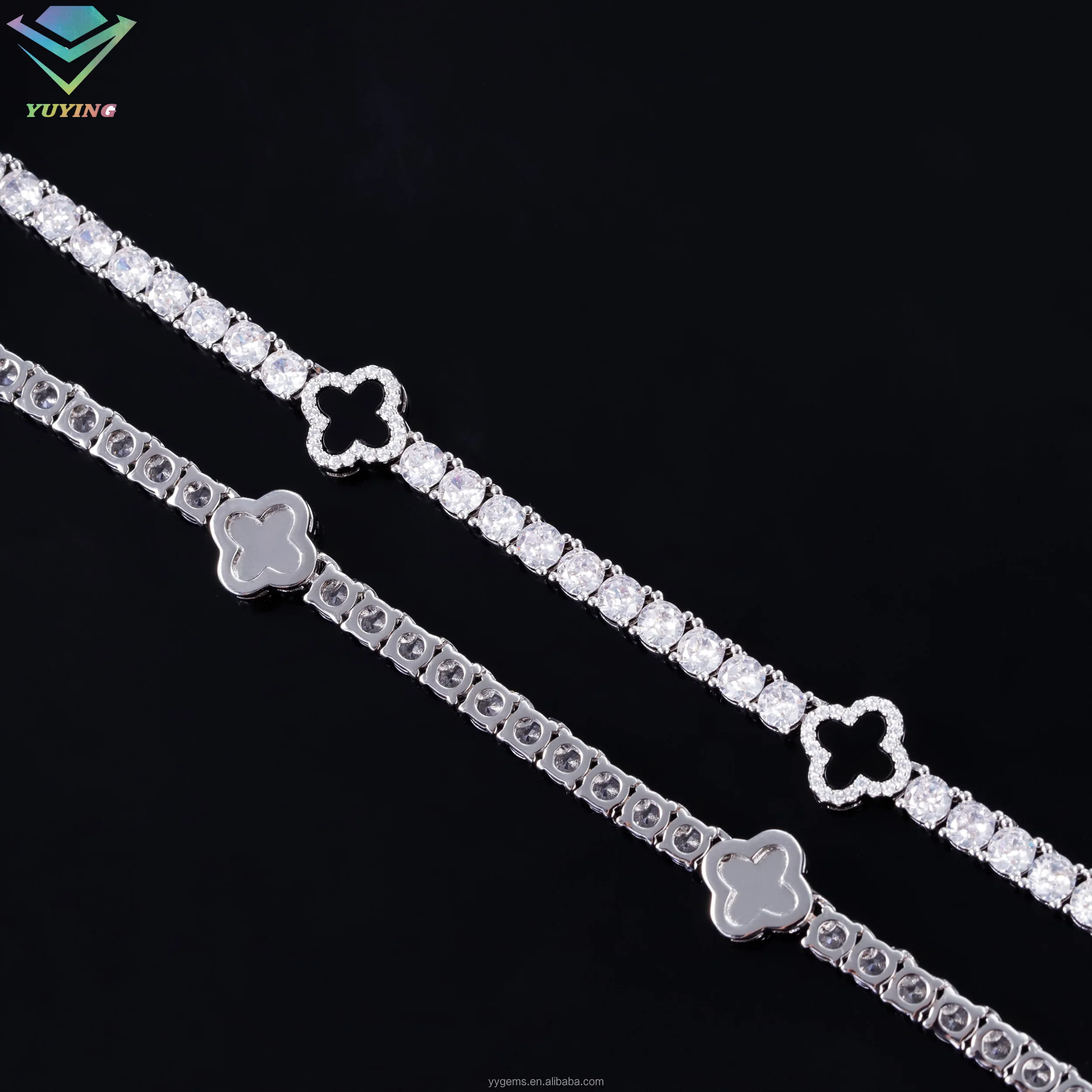 Yu Ying four leaf clover agate with vvs moissanite Bracelet S925 Silver Moissanite Cuban link Chain Bracelet Jewelry