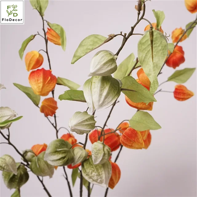 2024 New Arrival PU Poha Berry Fruits Artificial Hanging Autumn Long Branch Flower Physalis Peruviana Floral Arrangement