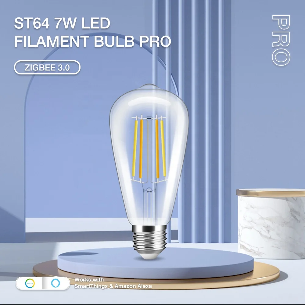 Светодиодная лампа GL-C-B-002P GLEDOPTO Zigbee Pro ST64 E27 с регулируемой яркостью углеродная нить 7 Вт винтажный прозрачный AC220-240V пульт дистанционного управления