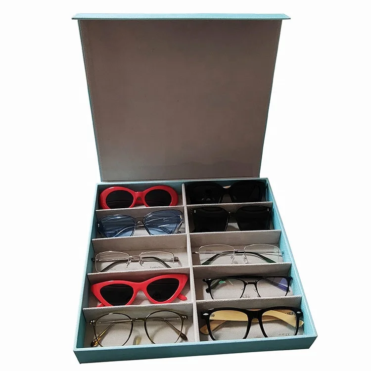 Wholesale Customized 10 slot leather Gray Eyewear Rack Countertop Case Sunglasses Tray Display Case