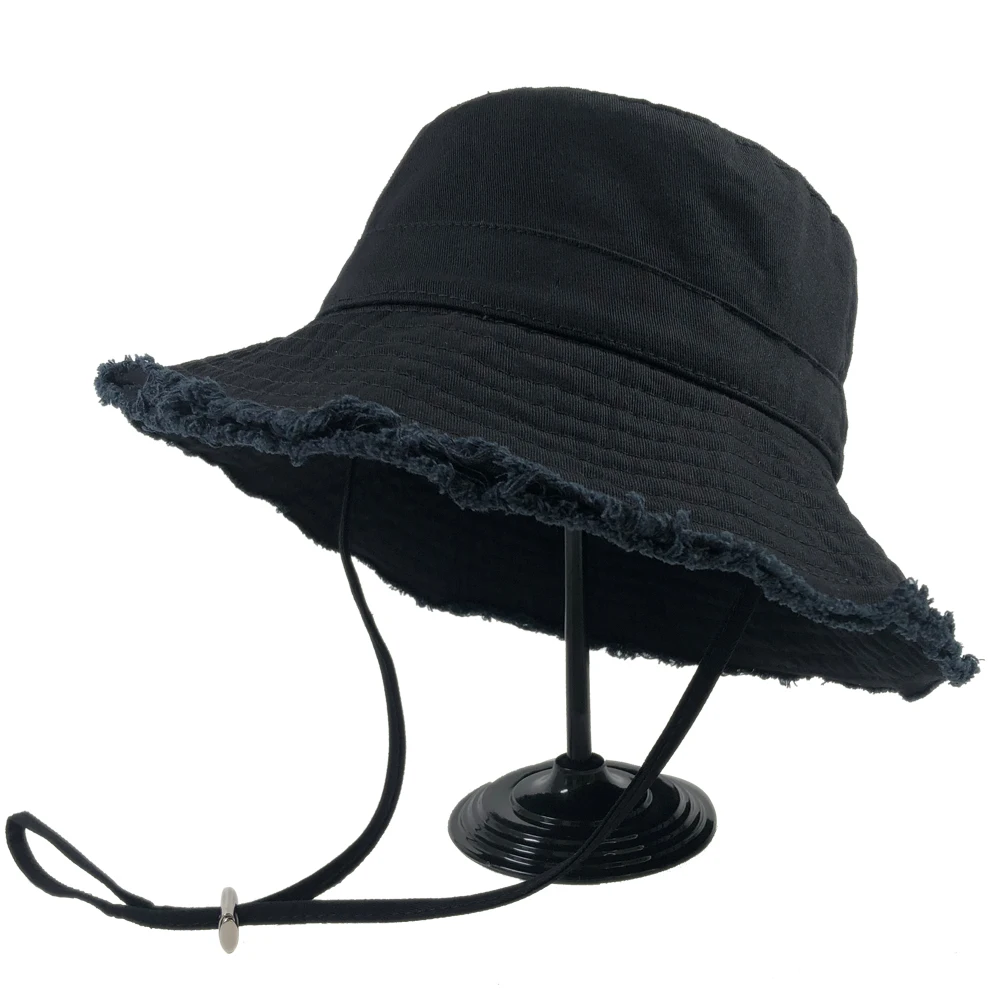 ODM solid color ripped cotton boonie hat women Logo embroidered adjustable classic retro basin bob Custom bucket hat distressed