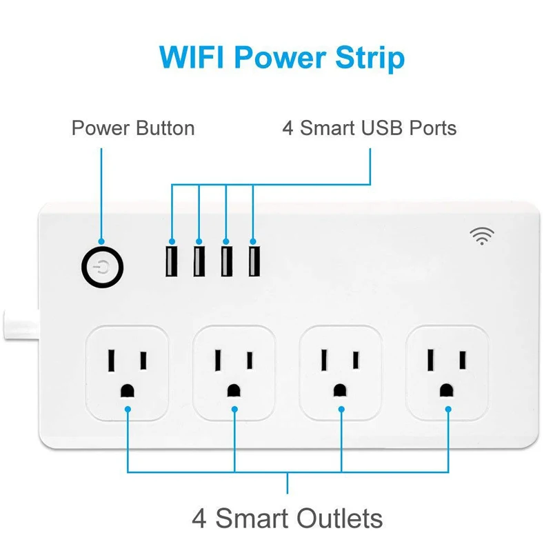 Smart Home WiFi Smart Power Strip Surge Protector With 4 Smart Plugs And 4 USB Ports Long Extension Power Smart Plug Outlet