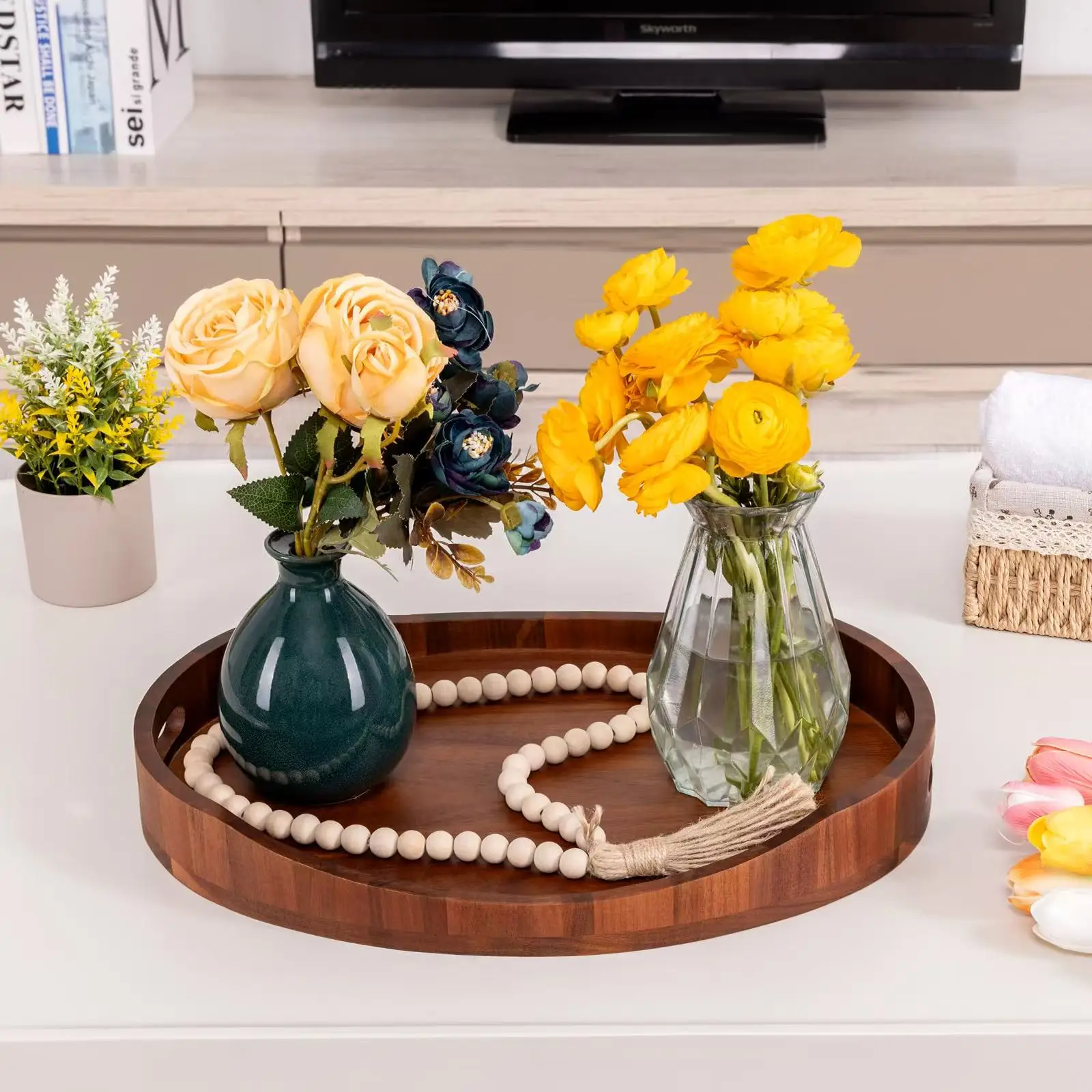 Modern Acacia Wood Serving Tray Handle Breakfast Snack Rectangular Dishes Plates Seagrass Oval Shape Bathroom Tray Banquet Tray