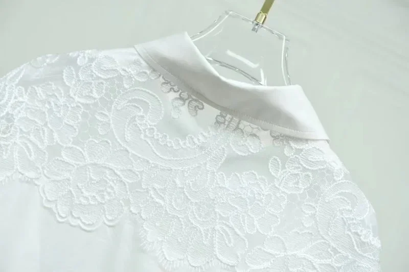 2024 Spring Fashion White Blouses High Quality Women Turn-down Collar Lace Embroidery Long Sleeve Elegant Work Shirts Blouse