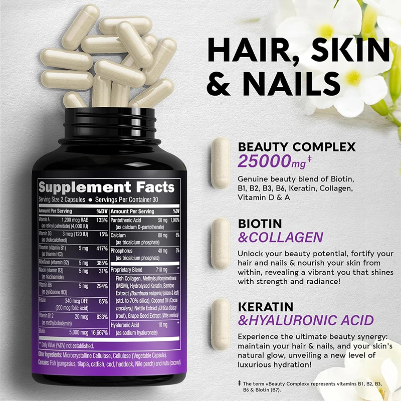 60 Capsules Collagen Keratin Vitamins Biotin for Hair Growth Support Supplement for Women with Hyaluronic Acid