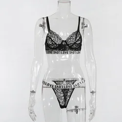 Eaby Hot Selling Sexy Lace Bikini Transparent Lettered Europe and America Sexy Lingerie Set