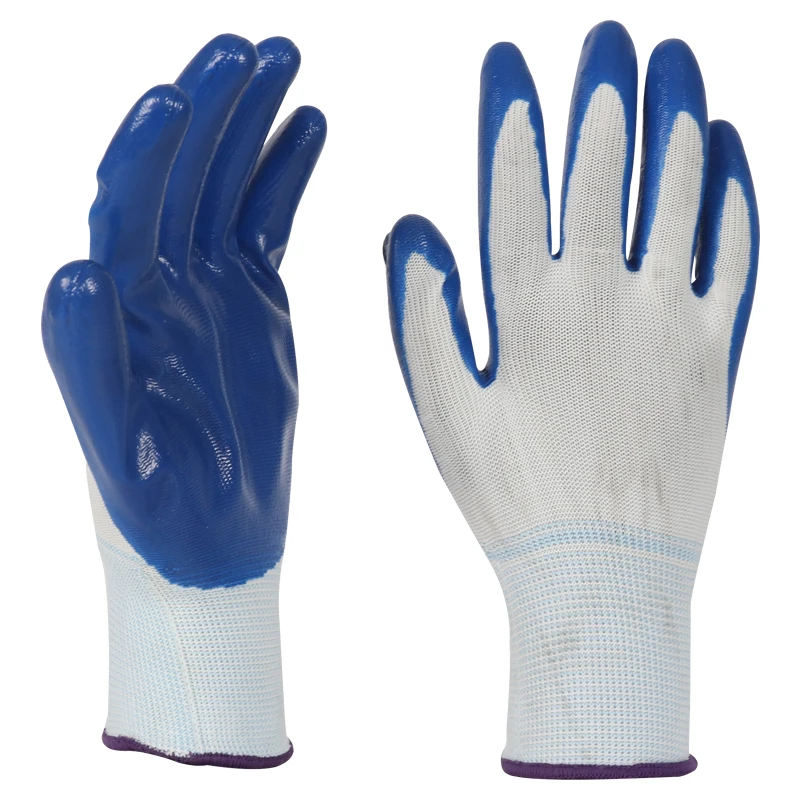 Wholesale rubber oil resistant wear-resistant protective coated blue blue 13 gauge nylon nitrile protective gloves