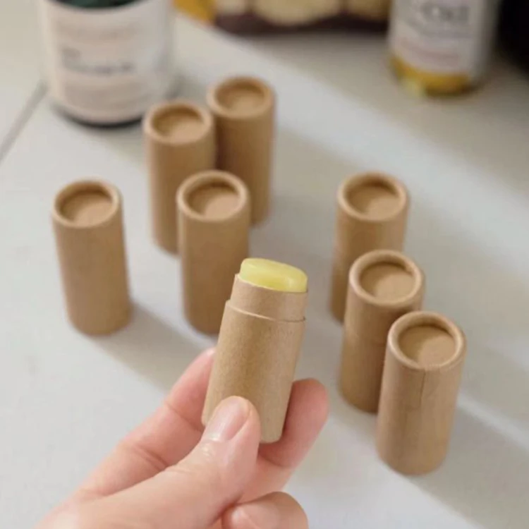Custom Recycled Biodegradable Cosmetics Lip Balm Deodorant Cylinder kraft Paper Packaging Push Up Round Tube