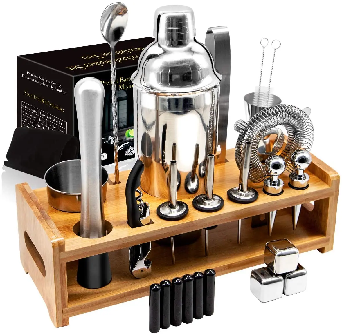Amazon Top Seller 26 Pieces Stainless Steel 750ml Cocktail Shaker Bar Tool Accessories Set for Home Bar Set with Bamboo Stand