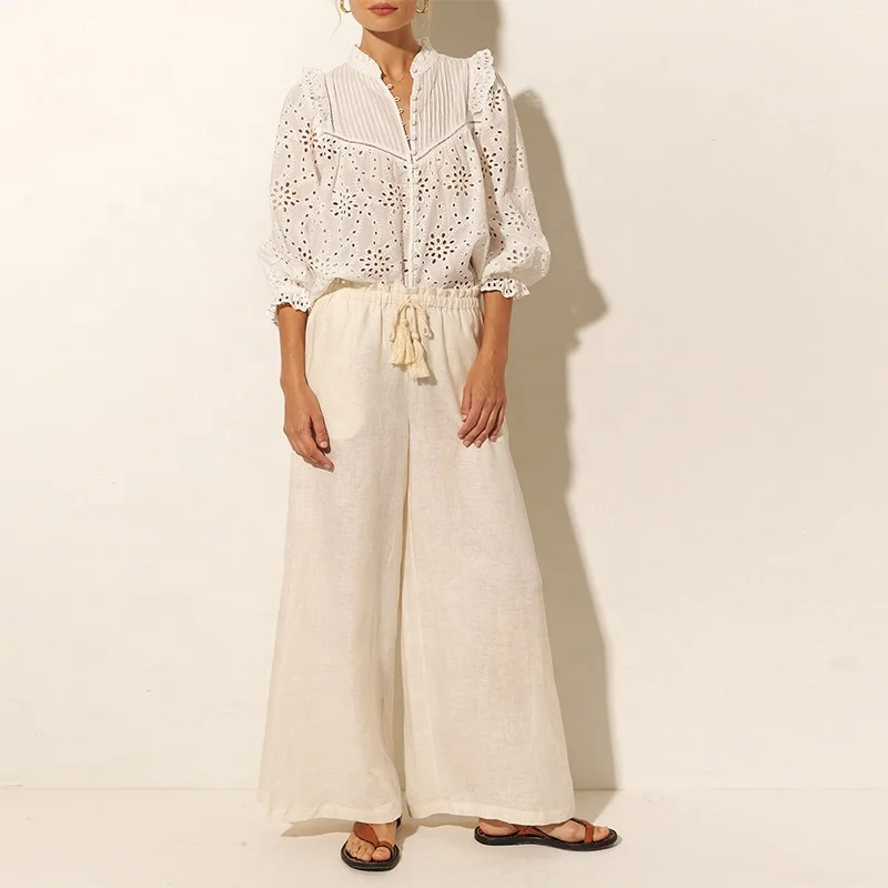 Custom Summer Long Sleeve Ladies Shirts Elegant Hollow out Tops And Blouses Women 100% Linen Fabric Button Up Casual Shirt