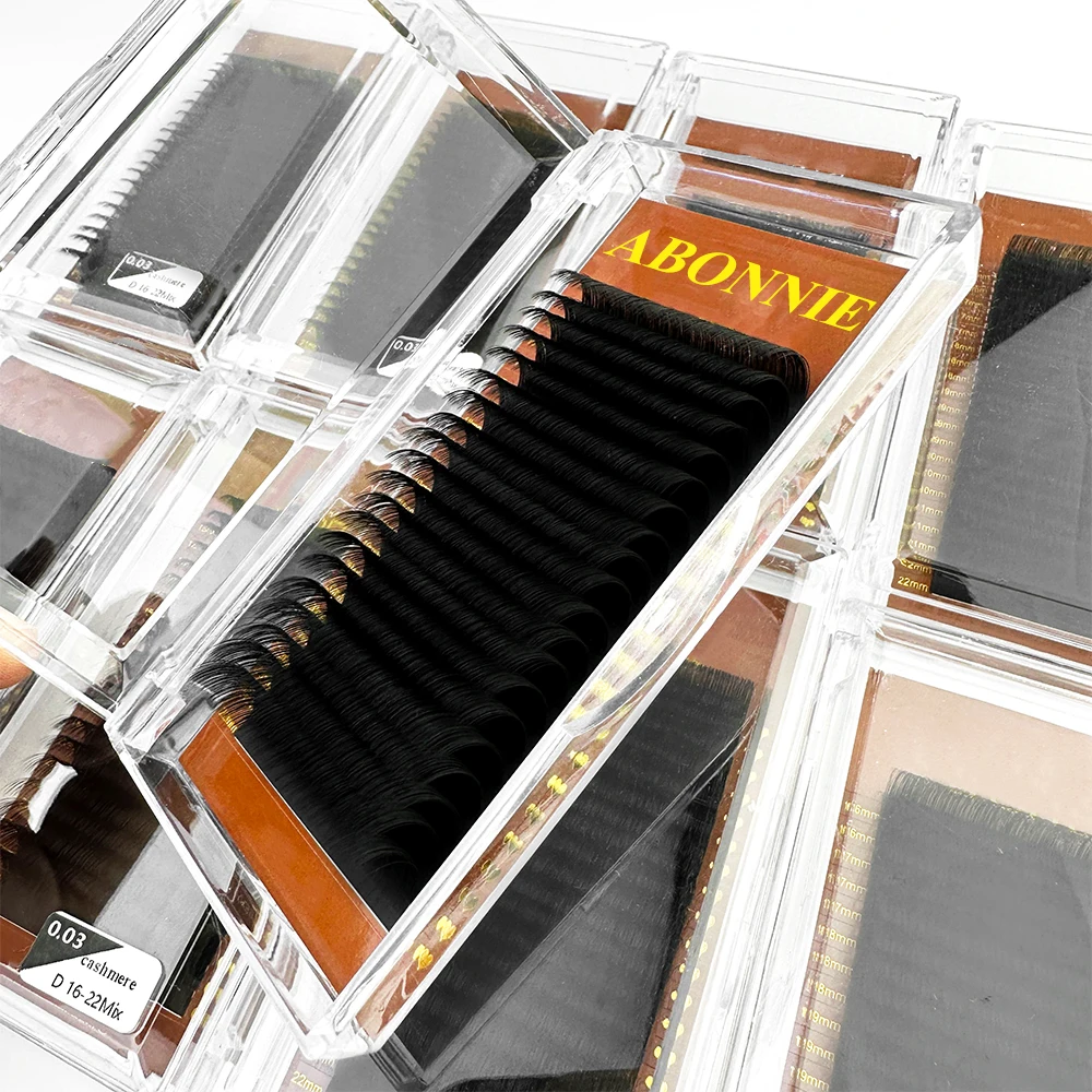Abonnie Soft Mink Eyelash Extension CC D DD Korean 0.03 Matte Black Lash Trays Private Label 18 25mm Cashmere Lash Extensions