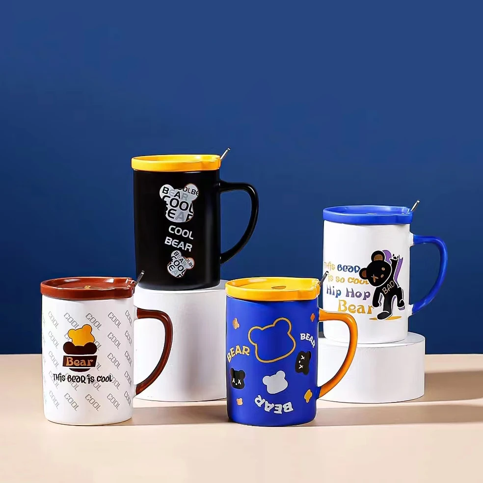 Горячая Распродажа оптовая продажа керамическая фарфоровая милая детская чашка мультяшный крутой медведь кофейная кружка 380 мл/13 унций для дома с крышкой