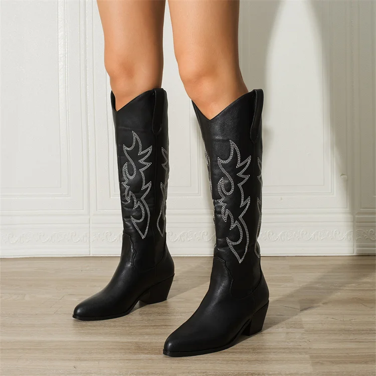 Knee High Seam Mid Heel Almond Pointed Toe Classic Cowgirl Boots Pull On Embroidered pull-on Wide shaft cowboy boots