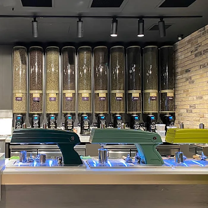 Big Coffee Bean Dispenser And Storage Hopper Wall Mounted Coffee Bean Silos For Coffee And Tea Shop Display With Grinder