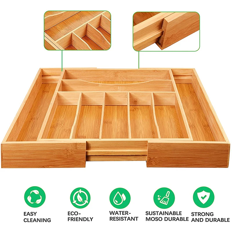 Adjustable  Organizer Drawer Silverware Flatware  Expandable Adjustable Bamboo Dividers Kitchen Utensils Drawer Organizer