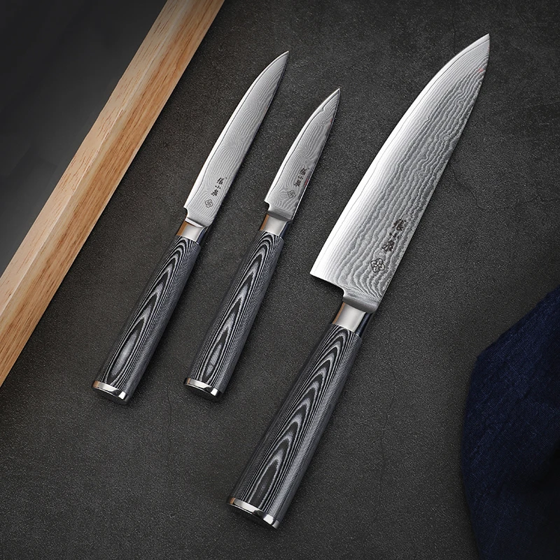 Luxury G10 Handle Japanese 3 PCS Damascus Knife Set with Sliding Wood Box