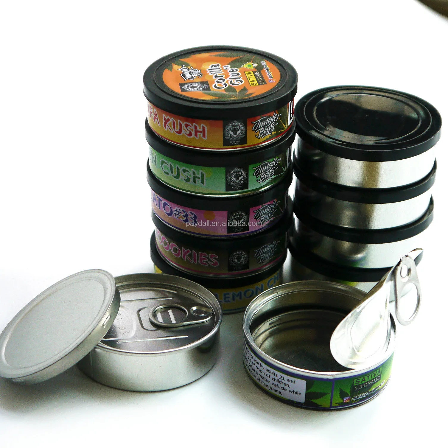 
3.5g ring pull hand sealable lid aluminum tin can and plastic lid-pressitin tin cans with dry herb labels Pressitins /Tuna tin can/Self seal ring pull can&nbsp;