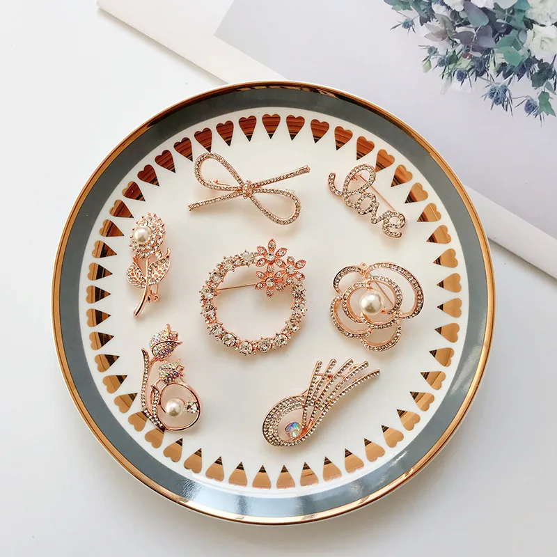 Korean hot style  brooch pin corsage pearl bow zircon flower clothing scarf pin brooch for women girls