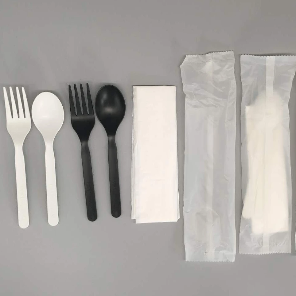 
GreenWorks degradable eco-friendly cutlery with Napkin ,white or black CPLA plastic fork and spoon dinnerware sets 