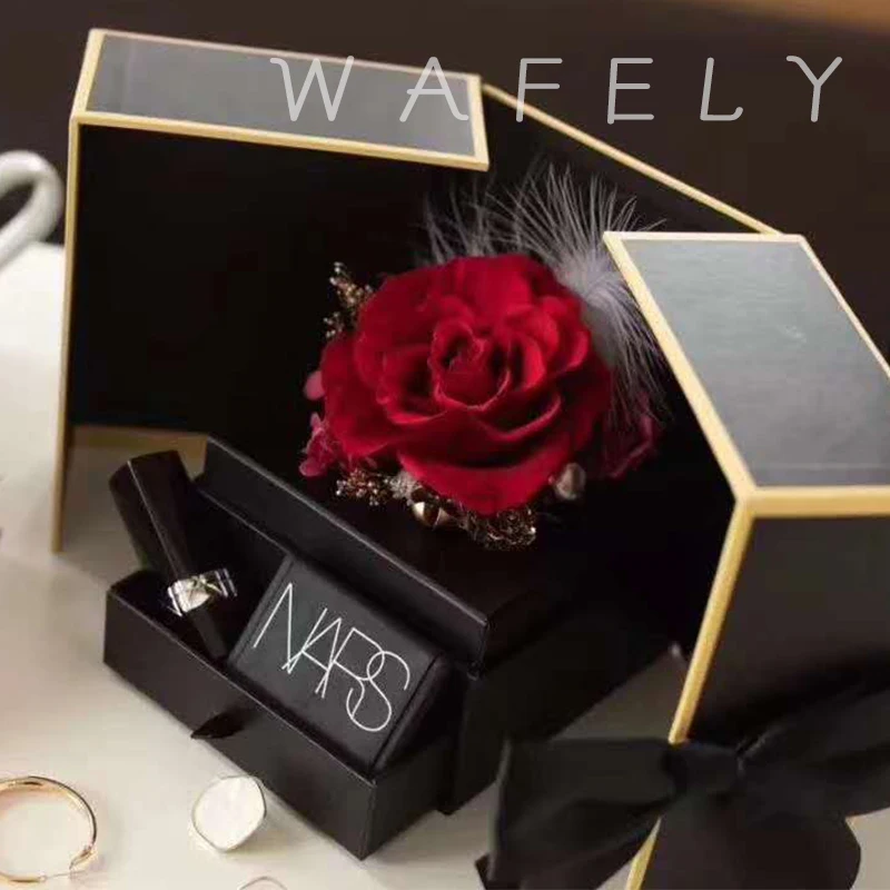 Promotion creative art paper drawer box rose eternal life packaging box double open lipstick collection