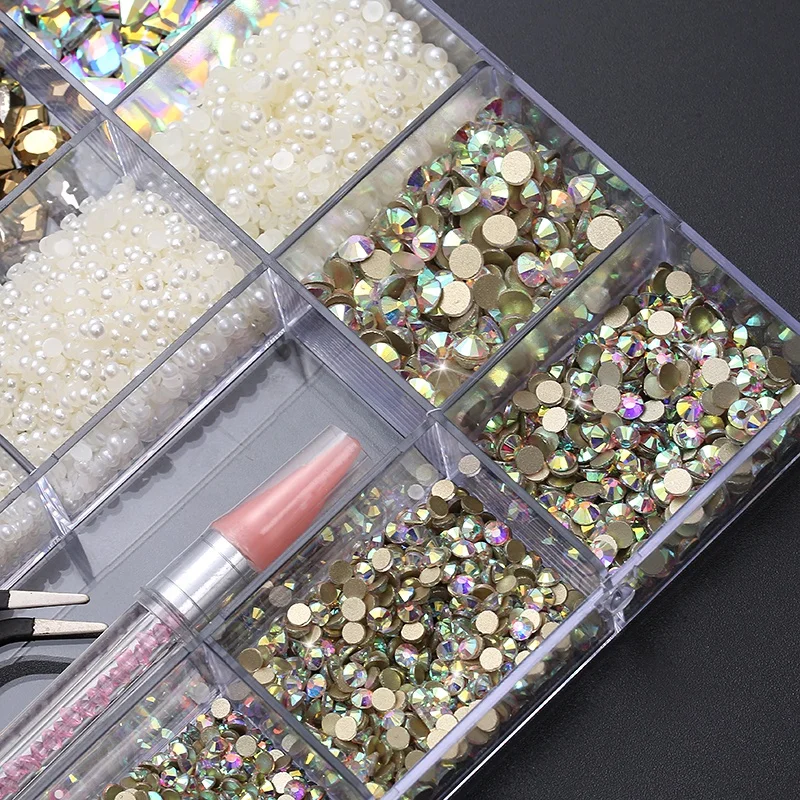 Wholesales Nail Art Sticker Rhinestone Multi Shape Colorful AB Glass Crystal Stone Decoration  Golden Flat Back Nail Art