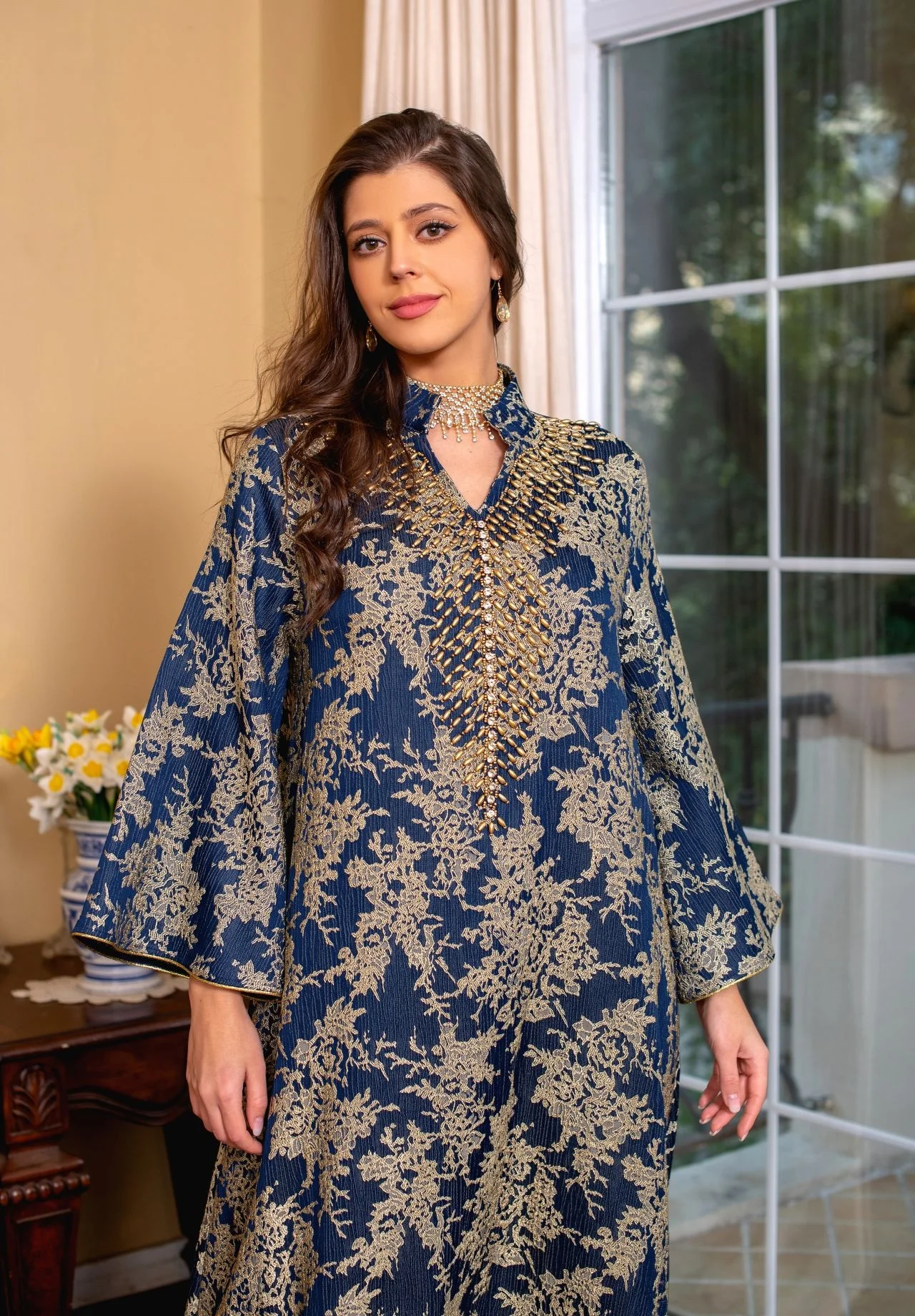 New Eid Muslim Dress for Women Beading Stand Collar Jalabiya Party Dress Arab Long Robe Morocco Kaftan Embroidery Luxury Abaya