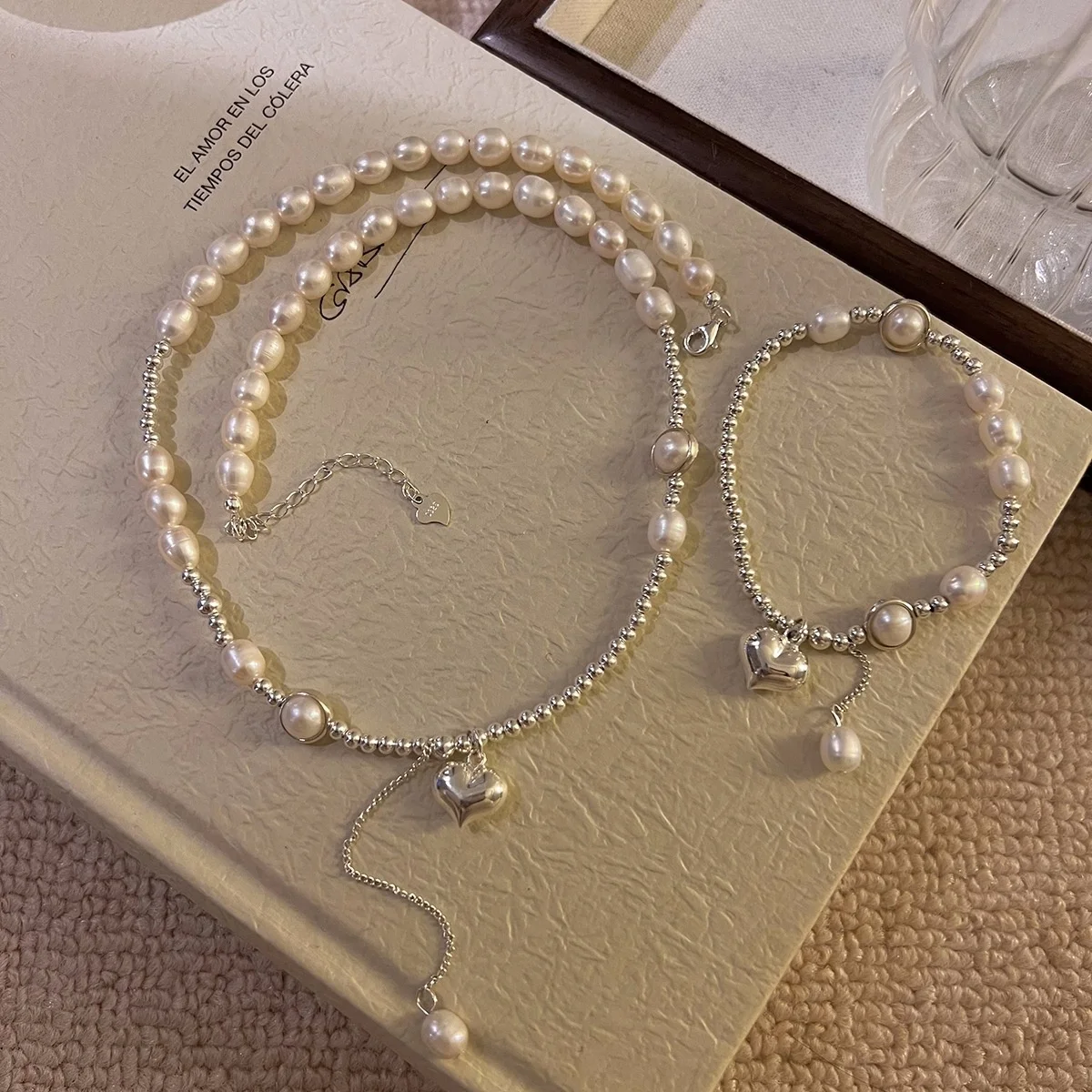 Dainty Elegant  925 Sterling Silver choker necklace pearl Pendant Necklace bracelet set jewelry
