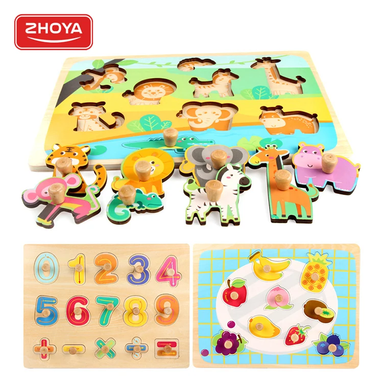 Toddler Educational Toys Hand Grasp Board Wholesale Custom Jigsaw Puzzles Cognition Wooden 3d Jigsaw Puzzle