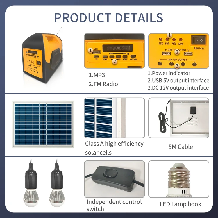 Mobile phone charging station music player with power storage DC12v lighting kit portable solar generator solar energy systems