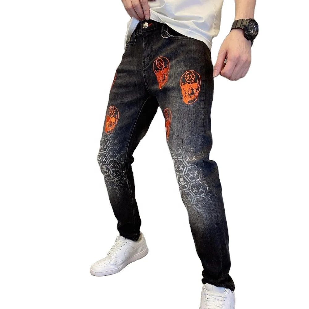 SKYKINGDOM new design fashionable jeans for men human skeleton printed high quality mens jeans casual black skinny jeans