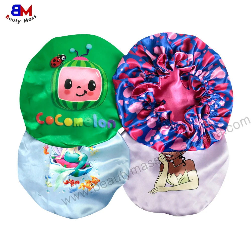 Best Selling Toddler Infant Satin Hair Bonnets Double Layered Reversible Kids Cartoon Character Satin Bonnet for Night Sleep Cap