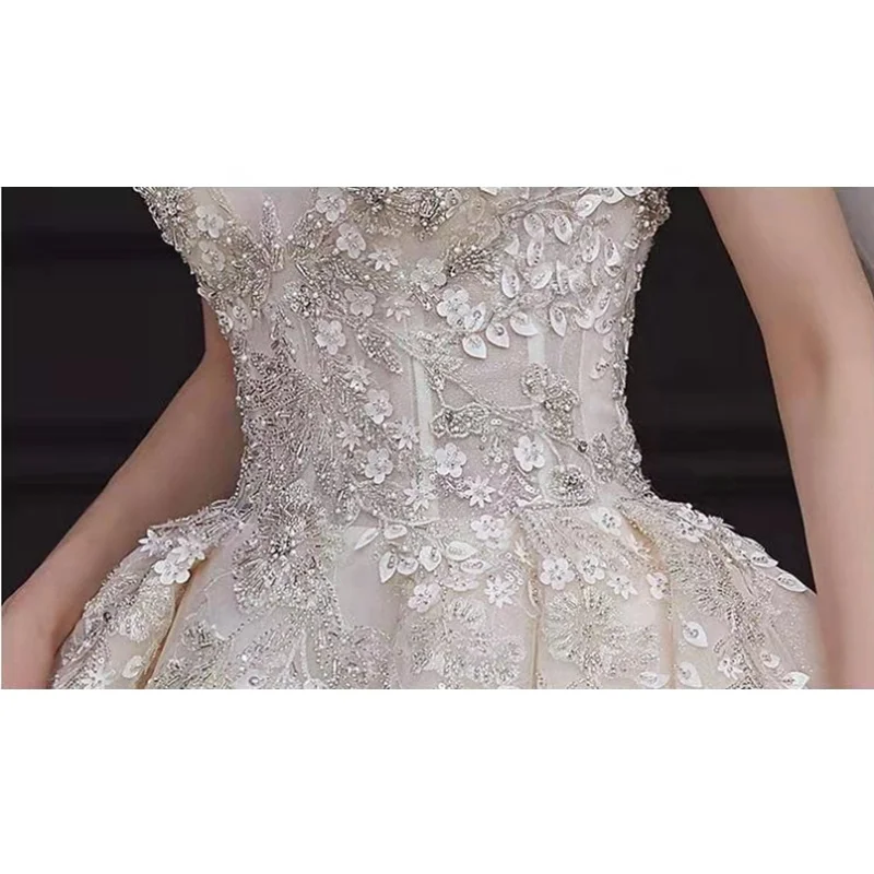 French light luxury long tail wedding dress with low neckline one shoulder with Flowers aesthetic wedding dress