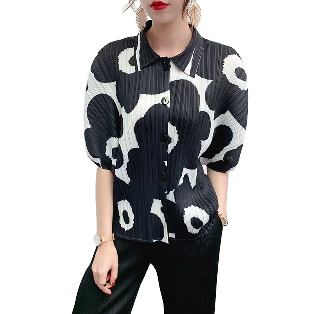 FXZ Fashionable Casual Loose Lapel Neck Printing Pleats Please Clothes Women Shirt Pleated Ladies Blouse