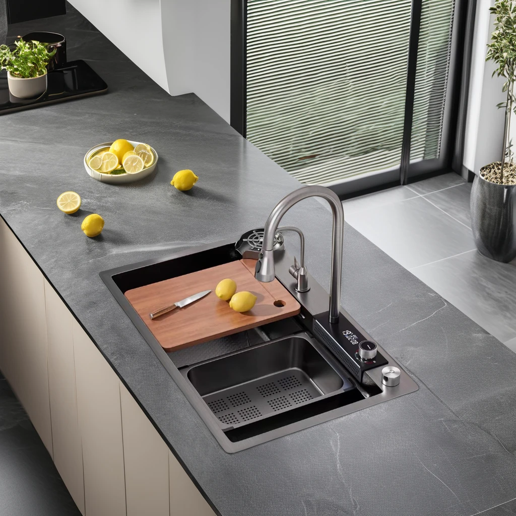 Complete Whole Set Waterfall Kitchen Sink Big Single Bowl with Dish Rack Under Mount Sinks Stainless Steel Modern Polished